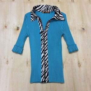Belldini Y2K Sweater Womens Large Blue Zebra Print Collar Tunic Rhinestone Trim
